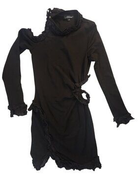 Athina Black Mini Dress Size S Long Sleeve Cut Out Side Asymmetrical Ruffle